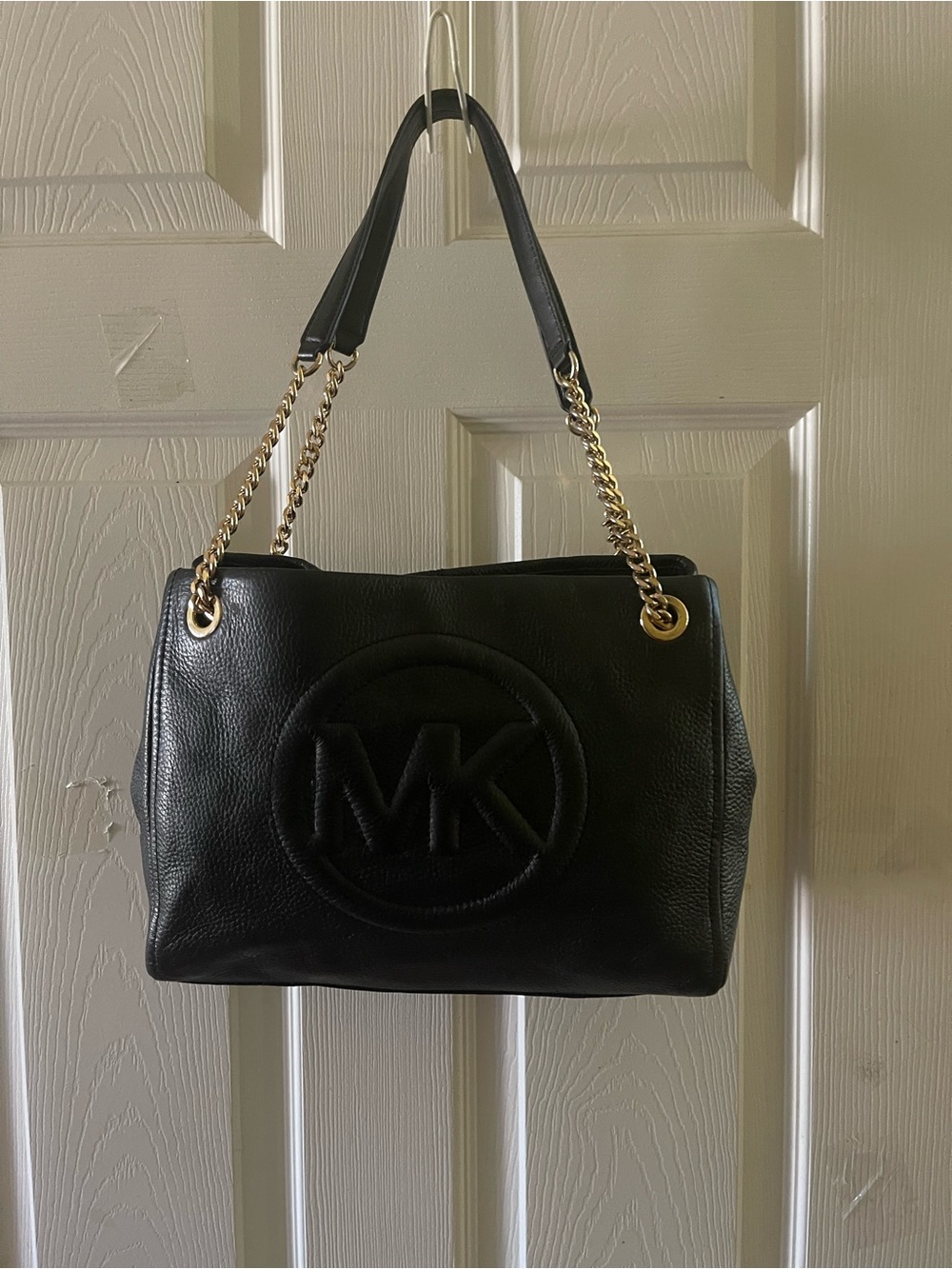 Michael Kors Black Leather Shoulder Bag with Embossed MK logo gold Chain Straps